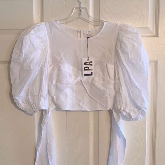 LPA Lancaster Blouse White Puff Sleeve Wrap Bow Sheer Gauze Sweetheart Neckline - Picture 6 of 7